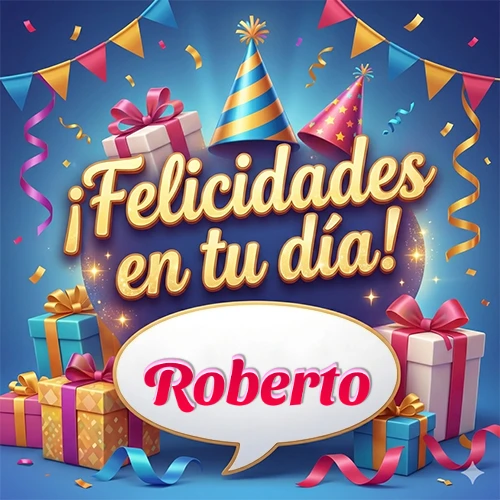 Diseño moderno y elegante. Fondo azul rey con cajas de regalo, sombreros de fiesta y cintas. Texto central 