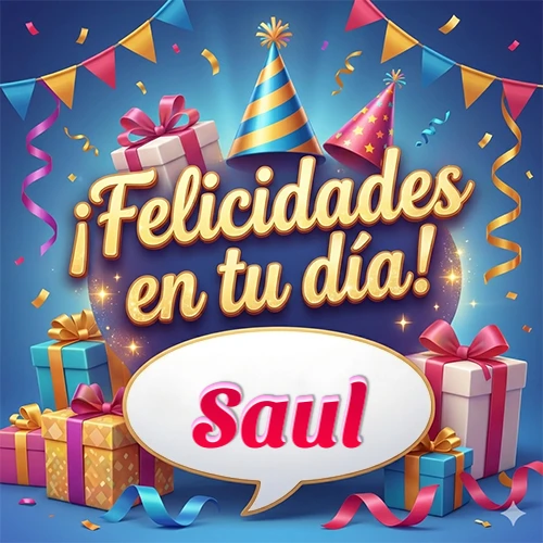 Diseño moderno y elegante. Fondo azul rey con cajas de regalo, sombreros de fiesta y cintas. Texto central 