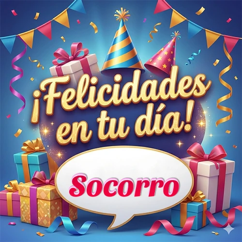 Diseño moderno y elegante. Fondo azul rey con cajas de regalo, sombreros de fiesta y cintas. Texto central 