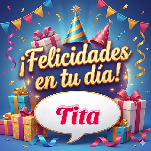 Diseño moderno y elegante. Fondo azul rey con cajas de regalo, sombreros de fiesta y cintas. Texto central 