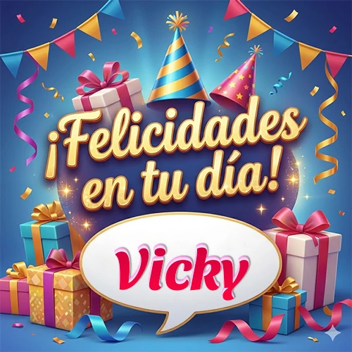 Diseño moderno y elegante. Fondo azul rey con cajas de regalo, sombreros de fiesta y cintas. Texto central 