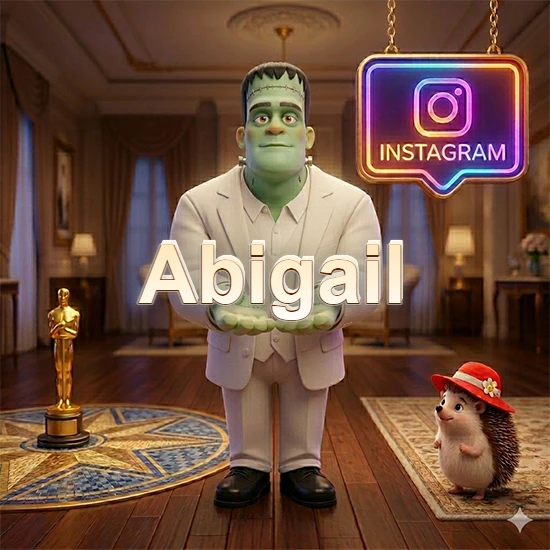 Personaje estilo Frankenstein animado en traje blanco dentro de un lujoso salón. Logotipo de Instagram brillante, estatuilla dorada y erizo con sombrero rojo. Nombre en cursiva elegante sobre las manos. Diseño con el nombre Abigail.