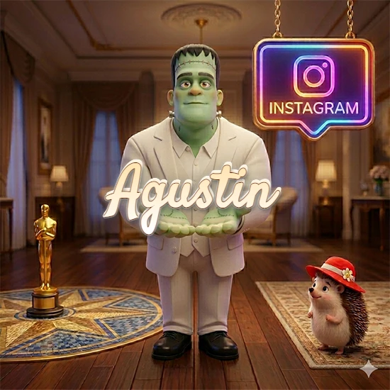 Personaje estilo Frankenstein animado en traje blanco dentro de un lujoso salón. Logotipo de Instagram brillante, estatuilla dorada y erizo con sombrero rojo. Nombre en cursiva elegante sobre las manos. Diseño con el nombre Agustin.