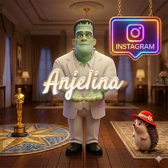 Personaje estilo Frankenstein animado en traje blanco dentro de un lujoso salón. Logotipo de Instagram brillante, estatuilla dorada y erizo con sombrero rojo. Nombre en cursiva elegante sobre las manos. Diseño con el nombre Anjelina.