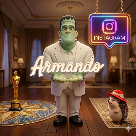 Personaje estilo Frankenstein animado en traje blanco dentro de un lujoso salón. Logotipo de Instagram brillante, estatuilla dorada y erizo con sombrero rojo. Nombre en cursiva elegante sobre las manos. Diseño con el nombre Armando.