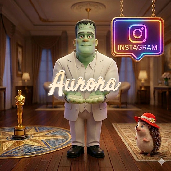 Personaje estilo Frankenstein animado en traje blanco dentro de un lujoso salón. Logotipo de Instagram brillante, estatuilla dorada y erizo con sombrero rojo. Nombre en cursiva elegante sobre las manos. Diseño con el nombre Aurora.