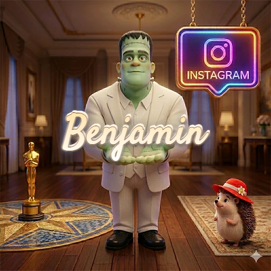 Personaje estilo Frankenstein animado en traje blanco dentro de un lujoso salón. Logotipo de Instagram brillante, estatuilla dorada y erizo con sombrero rojo. Nombre en cursiva elegante sobre las manos. Diseño con el nombre Benjamin. Personaje estilo Frankenstein animado en traje blanco dentro de un lujoso salón. Logotipo de Instagram brillante, estatuilla dorada y erizo con sombrero rojo. Nombre en cursiva elegante sobre las manos. Diseño con el nombre Benjamin.