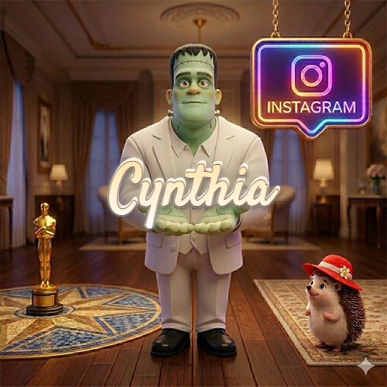 Personaje estilo Frankenstein animado en traje blanco dentro de un lujoso salón. Logotipo de Instagram brillante, estatuilla dorada y erizo con sombrero rojo. Nombre en cursiva elegante sobre las manos. Diseño con el nombre Cynthia.