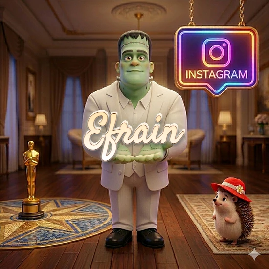 Personaje estilo Frankenstein animado en traje blanco dentro de un lujoso salón. Logotipo de Instagram brillante, estatuilla dorada y erizo con sombrero rojo. Nombre en cursiva elegante sobre las manos. Diseño con el nombre Efrain.