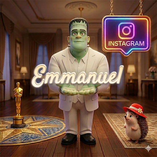 Personaje estilo Frankenstein animado en traje blanco dentro de un lujoso salón. Logotipo de Instagram brillante, estatuilla dorada y erizo con sombrero rojo. Nombre en cursiva elegante sobre las manos. Diseño con el nombre Emmanuel.