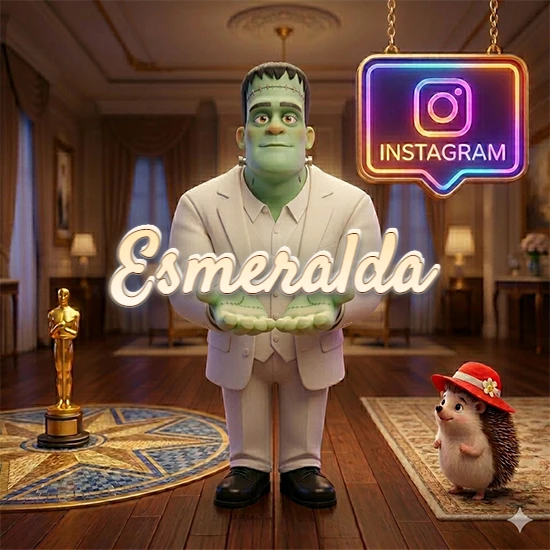 Personaje estilo Frankenstein animado en traje blanco dentro de un lujoso salón. Logotipo de Instagram brillante, estatuilla dorada y erizo con sombrero rojo. Nombre en cursiva elegante sobre las manos. Diseño con el nombre Esmeralda.
