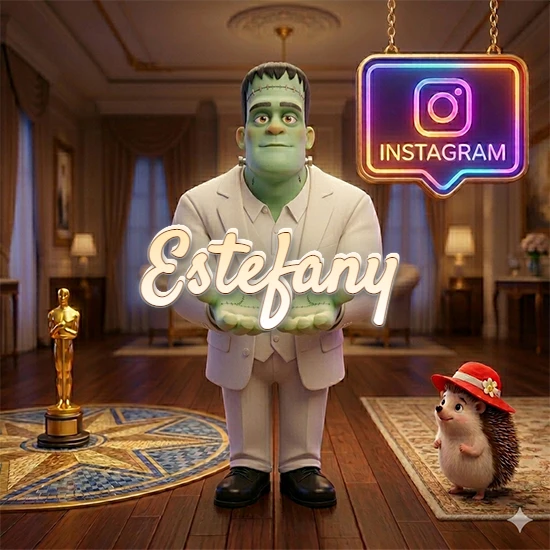 Personaje estilo Frankenstein animado en traje blanco dentro de un lujoso salón. Logotipo de Instagram brillante, estatuilla dorada y erizo con sombrero rojo. Nombre en cursiva elegante sobre las manos. Diseño con el nombre Estefany.