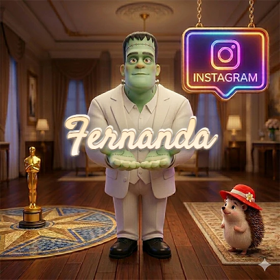 Personaje estilo Frankenstein animado en traje blanco dentro de un lujoso salón. Logotipo de Instagram brillante, estatuilla dorada y erizo con sombrero rojo. Nombre en cursiva elegante sobre las manos. Diseño con el nombre Fernanda.