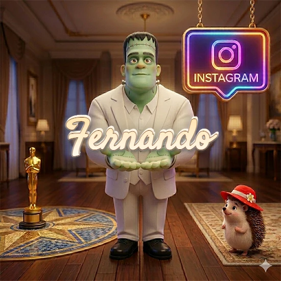 Personaje estilo Frankenstein animado en traje blanco dentro de un lujoso salón. Logotipo de Instagram brillante, estatuilla dorada y erizo con sombrero rojo. Nombre en cursiva elegante sobre las manos. Diseño con el nombre Fernando.