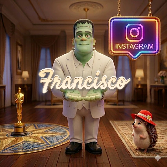 Personaje estilo Frankenstein animado en traje blanco dentro de un lujoso salón. Logotipo de Instagram brillante, estatuilla dorada y erizo con sombrero rojo. Nombre en cursiva elegante sobre las manos. Diseño con el nombre Francisco.