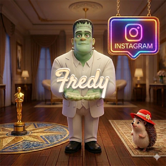 Personaje estilo Frankenstein animado en traje blanco dentro de un lujoso salón. Logotipo de Instagram brillante, estatuilla dorada y erizo con sombrero rojo. Nombre en cursiva elegante sobre las manos. Diseño con el nombre Fredy.