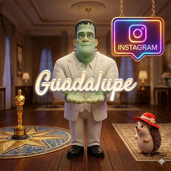 Personaje estilo Frankenstein animado en traje blanco dentro de un lujoso salón. Logotipo de Instagram brillante, estatuilla dorada y erizo con sombrero rojo. Nombre en cursiva elegante sobre las manos. Diseño con el nombre Guadalupe.