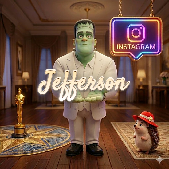 Personaje estilo Frankenstein animado en traje blanco dentro de un lujoso salón. Logotipo de Instagram brillante, estatuilla dorada y erizo con sombrero rojo. Nombre en cursiva elegante sobre las manos. Diseño con el nombre Jefferson.