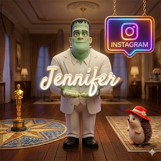 Personaje estilo Frankenstein animado en traje blanco dentro de un lujoso salón. Logotipo de Instagram brillante, estatuilla dorada y erizo con sombrero rojo. Nombre en cursiva elegante sobre las manos. Diseño con el nombre Jennifer.