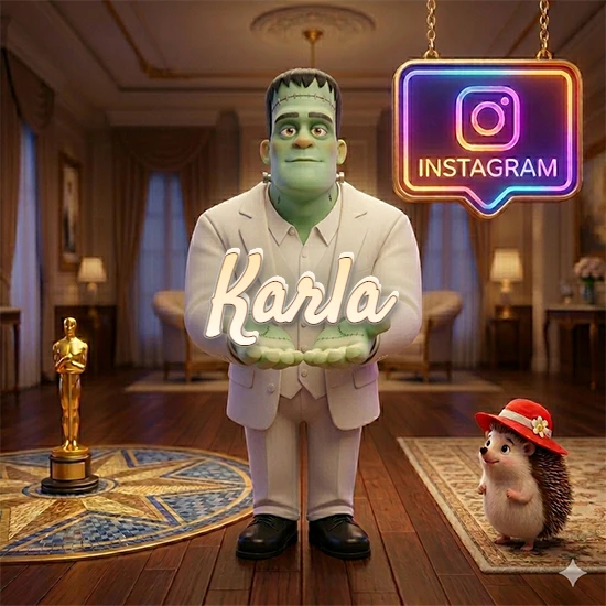 Personaje estilo Frankenstein animado en traje blanco dentro de un lujoso salón. Logotipo de Instagram brillante, estatuilla dorada y erizo con sombrero rojo. Nombre en cursiva elegante sobre las manos. Diseño con el nombre Karla.
