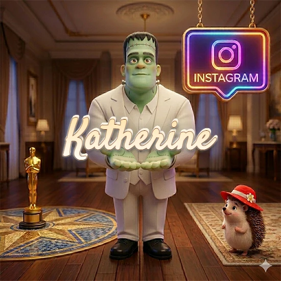 Personaje estilo Frankenstein animado en traje blanco dentro de un lujoso salón. Logotipo de Instagram brillante, estatuilla dorada y erizo con sombrero rojo. Nombre en cursiva elegante sobre las manos. Diseño con el nombre Katherine.