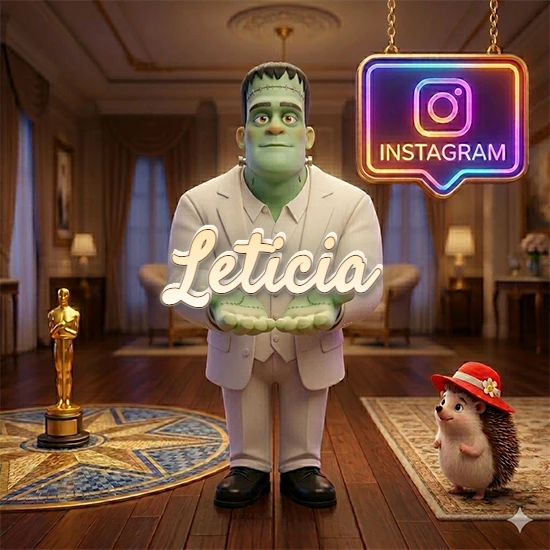 Personaje estilo Frankenstein animado en traje blanco dentro de un lujoso salón. Logotipo de Instagram brillante, estatuilla dorada y erizo con sombrero rojo. Nombre en cursiva elegante sobre las manos. Diseño con el nombre Leticia.