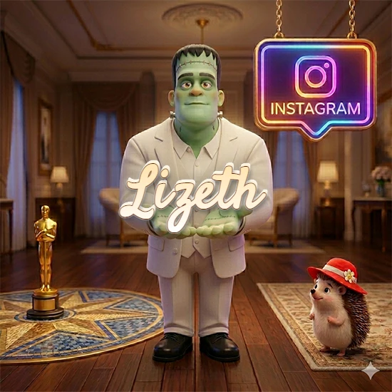 Personaje estilo Frankenstein animado en traje blanco dentro de un lujoso salón. Logotipo de Instagram brillante, estatuilla dorada y erizo con sombrero rojo. Nombre en cursiva elegante sobre las manos. Diseño con el nombre Lizeth. Personaje estilo Frankenstein animado en traje blanco dentro de un lujoso salón. Logotipo de Instagram brillante, estatuilla dorada y erizo con sombrero rojo. Nombre en cursiva elegante sobre las manos. Diseño con el nombre Lizeth.