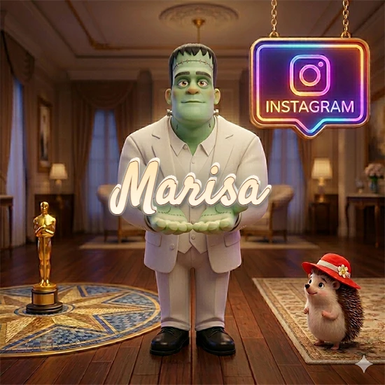 Personaje estilo Frankenstein animado en traje blanco dentro de un lujoso salón. Logotipo de Instagram brillante, estatuilla dorada y erizo con sombrero rojo. Nombre en cursiva elegante sobre las manos. Diseño con el nombre Marisa.