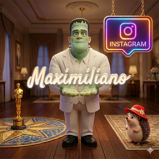 Personaje estilo Frankenstein animado en traje blanco dentro de un lujoso salón. Logotipo de Instagram brillante, estatuilla dorada y erizo con sombrero rojo. Nombre en cursiva elegante sobre las manos. Diseño con el nombre Maximiliano.