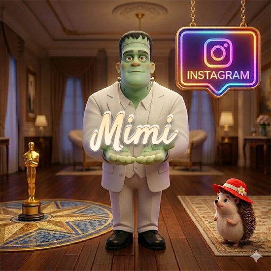 Personaje estilo Frankenstein animado en traje blanco dentro de un lujoso salón. Logotipo de Instagram brillante, estatuilla dorada y erizo con sombrero rojo. Nombre en cursiva elegante sobre las manos. Diseño con el nombre Mimi.