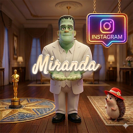 Personaje estilo Frankenstein animado en traje blanco dentro de un lujoso salón. Logotipo de Instagram brillante, estatuilla dorada y erizo con sombrero rojo. Nombre en cursiva elegante sobre las manos. Diseño con el nombre Miranda.