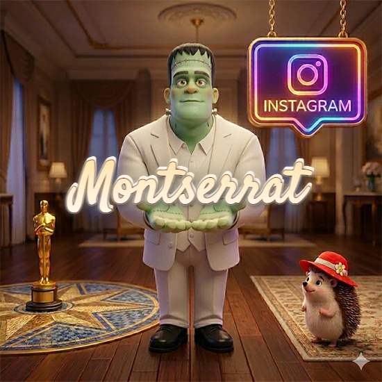 Personaje estilo Frankenstein animado en traje blanco dentro de un lujoso salón. Logotipo de Instagram brillante, estatuilla dorada y erizo con sombrero rojo. Nombre en cursiva elegante sobre las manos. Diseño con el nombre Montserrat.