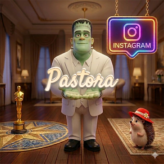 Personaje estilo Frankenstein animado en traje blanco dentro de un lujoso salón. Logotipo de Instagram brillante, estatuilla dorada y erizo con sombrero rojo. Nombre en cursiva elegante sobre las manos. Diseño con el nombre Pastora.