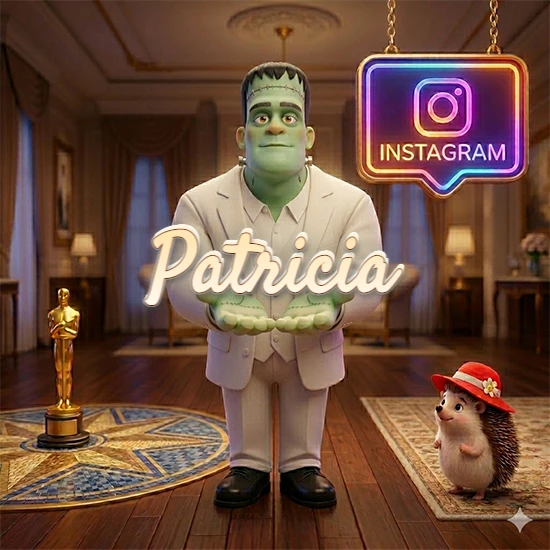 Personaje estilo Frankenstein animado en traje blanco dentro de un lujoso salón. Logotipo de Instagram brillante, estatuilla dorada y erizo con sombrero rojo. Nombre en cursiva elegante sobre las manos. Diseño con el nombre Patricia.