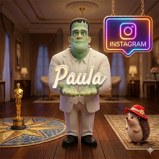 Personaje estilo Frankenstein animado en traje blanco dentro de un lujoso salón. Logotipo de Instagram brillante, estatuilla dorada y erizo con sombrero rojo. Nombre en cursiva elegante sobre las manos. Diseño con el nombre Paula.