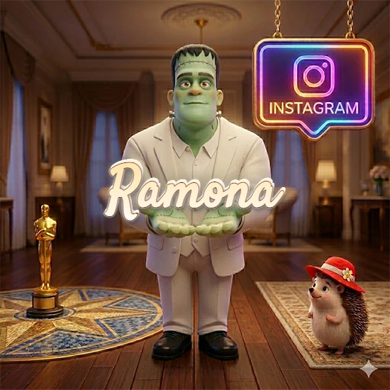 Personaje estilo Frankenstein animado en traje blanco dentro de un lujoso salón. Logotipo de Instagram brillante, estatuilla dorada y erizo con sombrero rojo. Nombre en cursiva elegante sobre las manos. Diseño con el nombre Ramona.