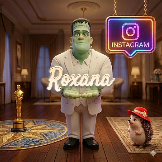 Personaje estilo Frankenstein animado en traje blanco dentro de un lujoso salón. Logotipo de Instagram brillante, estatuilla dorada y erizo con sombrero rojo. Nombre en cursiva elegante sobre las manos. Diseño con el nombre Roxana.