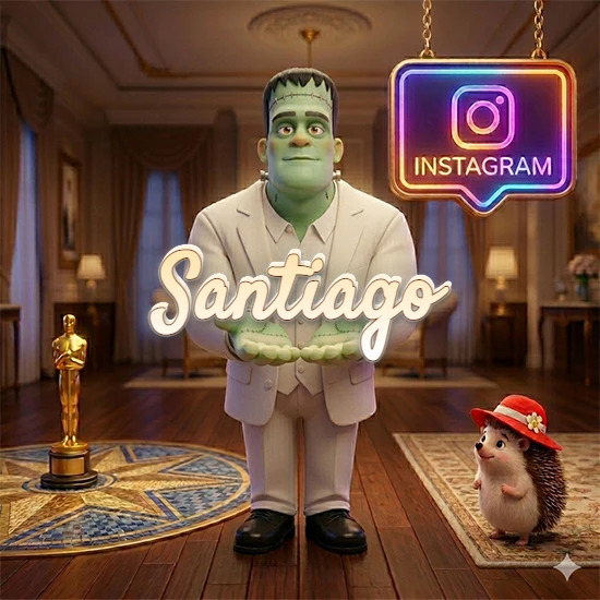 Personaje estilo Frankenstein animado en traje blanco dentro de un lujoso salón. Logotipo de Instagram brillante, estatuilla dorada y erizo con sombrero rojo. Nombre en cursiva elegante sobre las manos. Diseño con el nombre Santiago.