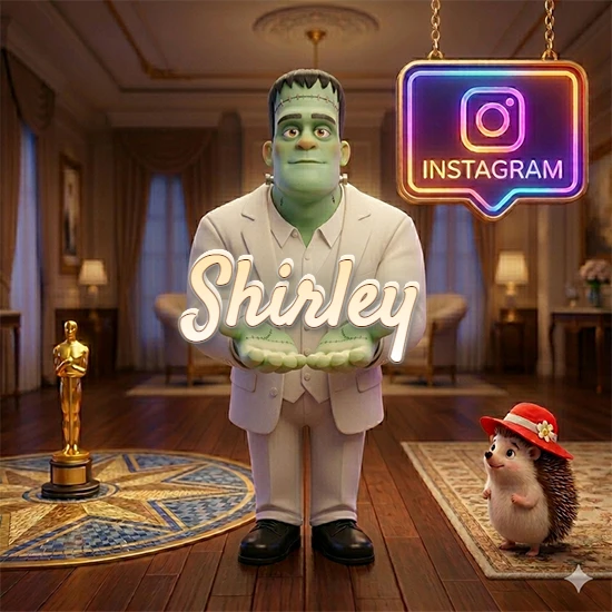 Personaje estilo Frankenstein animado en traje blanco dentro de un lujoso salón. Logotipo de Instagram brillante, estatuilla dorada y erizo con sombrero rojo. Nombre en cursiva elegante sobre las manos. Diseño con el nombre Shirley.