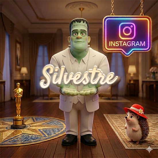Personaje estilo Frankenstein animado en traje blanco dentro de un lujoso salón. Logotipo de Instagram brillante, estatuilla dorada y erizo con sombrero rojo. Nombre en cursiva elegante sobre las manos. Diseño con el nombre Silvestre.