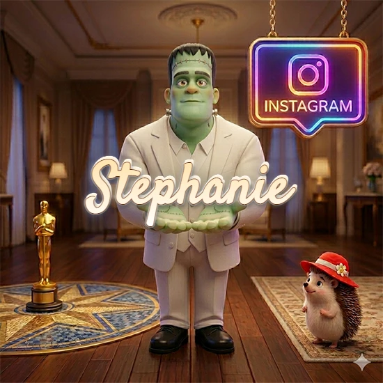 Personaje estilo Frankenstein animado en traje blanco dentro de un lujoso salón. Logotipo de Instagram brillante, estatuilla dorada y erizo con sombrero rojo. Nombre en cursiva elegante sobre las manos. Diseño con el nombre Stephanie.