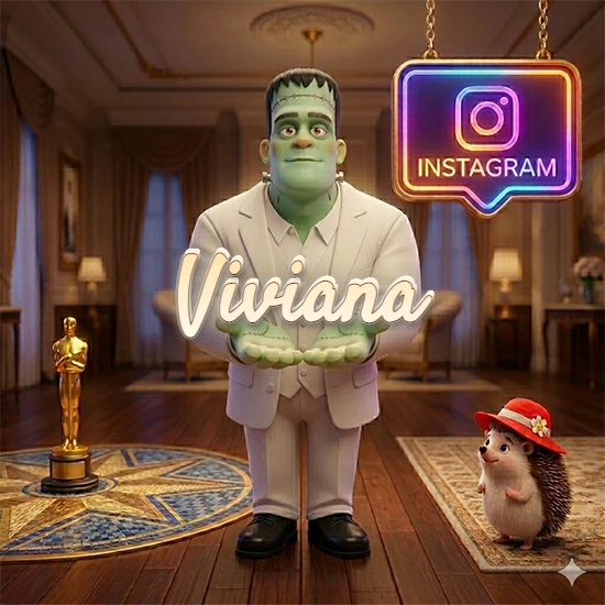 Personaje estilo Frankenstein animado en traje blanco dentro de un lujoso salón. Logotipo de Instagram brillante, estatuilla dorada y erizo con sombrero rojo. Nombre en cursiva elegante sobre las manos. Diseño con el nombre Viviana.