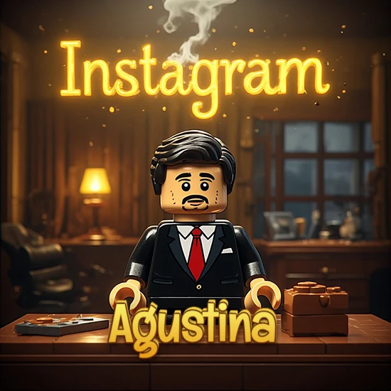Mundo miniatura de Lego. Hombre de negocios con traje negro en escritorio clásico. Logotipo de Instagram en neón amarillo brillante con humo ligero. Nombre en 3D apoyado en el escritorio. Diseño con el nombre Agustina.