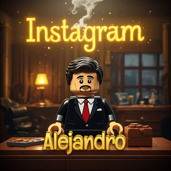 Mundo miniatura de Lego. Hombre de negocios con traje negro en escritorio clásico. Logotipo de Instagram en neón amarillo brillante con humo ligero. Nombre en 3D apoyado en el escritorio. Diseño con el nombre Alejandro.
