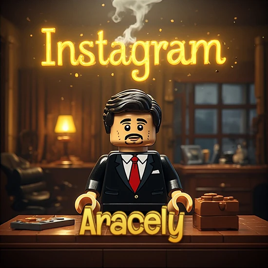 Mundo miniatura de Lego. Hombre de negocios con traje negro en escritorio clásico. Logotipo de Instagram en neón amarillo brillante con humo ligero. Nombre en 3D apoyado en el escritorio. Diseño con el nombre Aracely.
