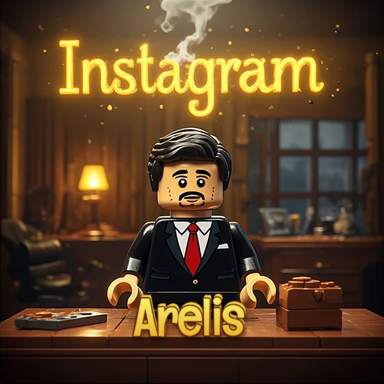 Mundo miniatura de Lego. Hombre de negocios con traje negro en escritorio clásico. Logotipo de Instagram en neón amarillo brillante con humo ligero. Nombre en 3D apoyado en el escritorio. Diseño con el nombre Arelis.