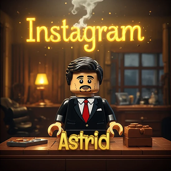 Mundo miniatura de Lego. Hombre de negocios con traje negro en escritorio clásico. Logotipo de Instagram en neón amarillo brillante con humo ligero. Nombre en 3D apoyado en el escritorio. Diseño con el nombre Astrid.