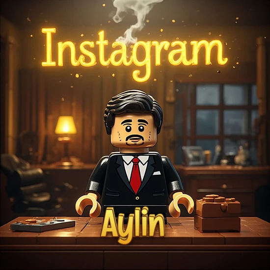 Mundo miniatura de Lego. Hombre de negocios con traje negro en escritorio clásico. Logotipo de Instagram en neón amarillo brillante con humo ligero. Nombre en 3D apoyado en el escritorio. Diseño con el nombre Aylin.