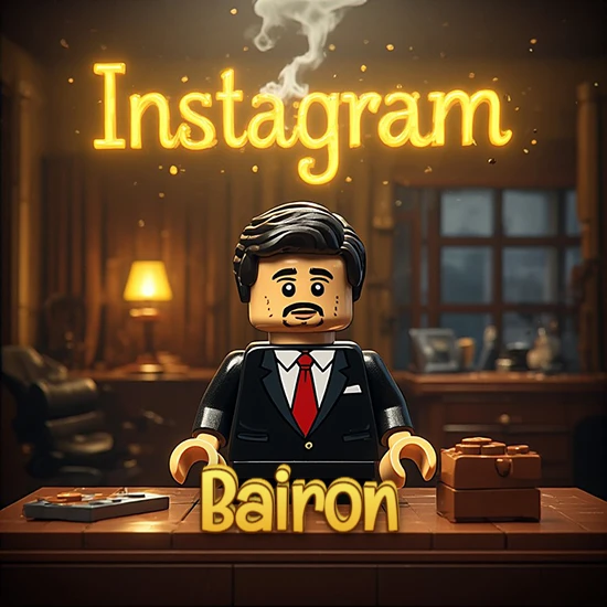 Mundo miniatura de Lego. Hombre de negocios con traje negro en escritorio clásico. Logotipo de Instagram en neón amarillo brillante con humo ligero. Nombre en 3D apoyado en el escritorio. Diseño con el nombre Bairon.