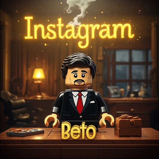 Mundo miniatura de Lego. Hombre de negocios con traje negro en escritorio clásico. Logotipo de Instagram en neón amarillo brillante con humo ligero. Nombre en 3D apoyado en el escritorio. Diseño con el nombre Beto.